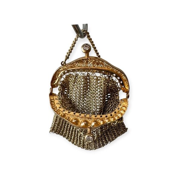 Antique Mesh Coin Purse with Rhinestone Frame – Gilt Brass Miniature Bag - Picture 3 of 8